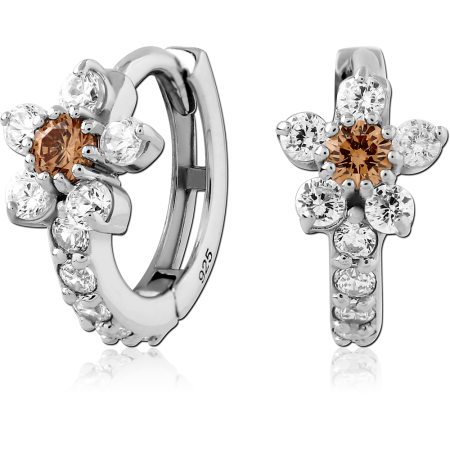 STERLING SILVER 925 HUGGIE EARRINGS FLOWER CLUSTER WITH AMBER CENTER GEM