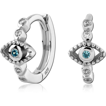 STERLING SILVER 925 HUGGIES EARRINGS BLUE EVIL EYE WITH CLEAR BEZEL GEMS