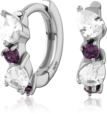 STERLING SILVER 925 HUGGIES EARRINGS PEAR CLEAR GEMS WITH ROUND PURPLE GEMS