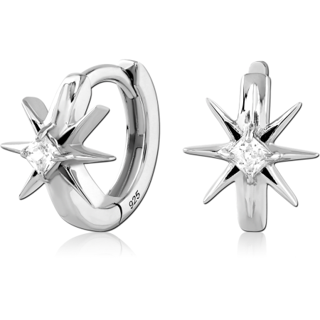 STERLING SILVER 925 HUGGIES EARRINGS STARBURST FRONT WITH SQUARE CLEAR CENTER GEM