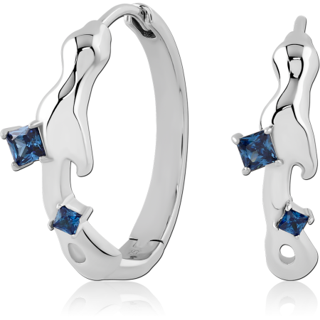 STERLING SILVER 925 HUGGIES EARRINGS WAVY DESIGN WITH DOUBLE SQUARE BLUE GEMS