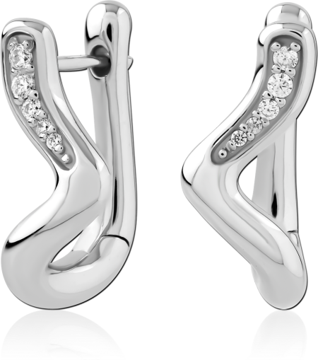 STERLING SILVER 925 HUGGIES EARRINGS CURVED V DESIGN WITH PAVE CLEAR GEMS