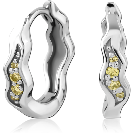 STERLING SILVER 925 HUGGIES EARRINGS WAVY BAND WITH YELLOW PAVE GEM ACCENTS