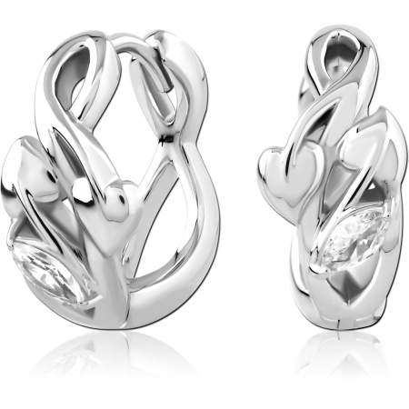 STERLING SILVER 925 HUGGIES EARRINGS LEAFY OPENWORK WITH MARQUISE CLEAR GEM DETAIL
