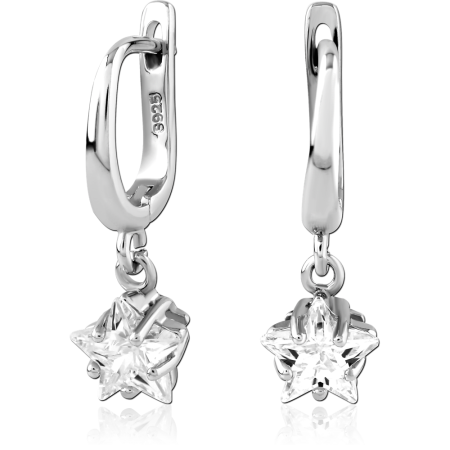 STERLING SILVER 925 HUGGIES EARRINGS WITH DANGLING CLEAR STAR GEM CHARM