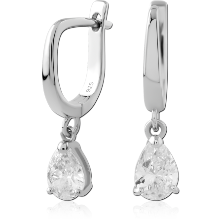 STERLING SILVER 925 HUGGIES EARRINGS WITH DANGLING CLEAR PEAR GEM CHARM DROP