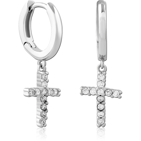 STERLING SILVER 925 HUGGIES EARRINGS WITH JEWELED CROSS CHARM DROP