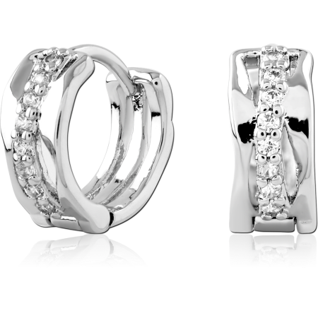 STERLING SILVER 925 HUGGIES EARRINGS WAVY DOUBLE BAND WITH PAVE CLEAR GEMS