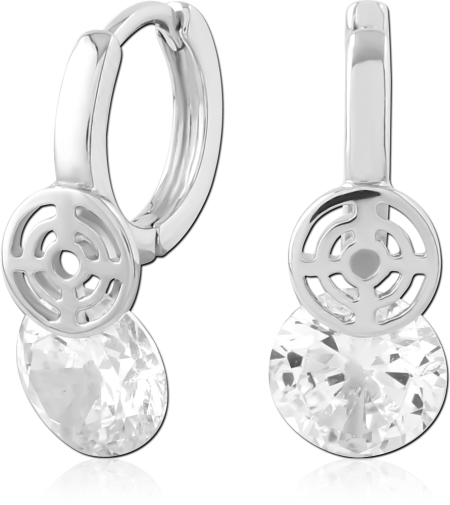 STERLING SILVER 925 HUGGIES EARRINGS ROUND CLEAR GEM WITH DROP CHARM