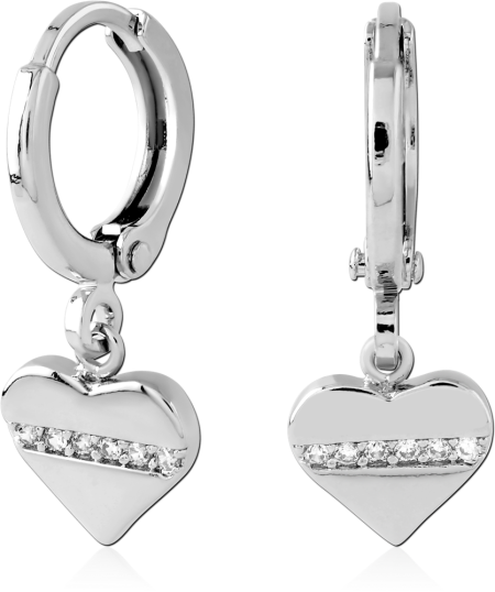 STERLING SILVER 925 HUGGIES EARRINGS DIAGONAL PAVE CLEAR GEMS WITH HEART CHARM