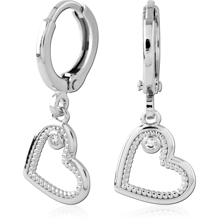 STERLING SILVER 925 HUGGIES EARRINGS SINGLE CLEAR GEM WITH OPEN BEADED HEART CHARM