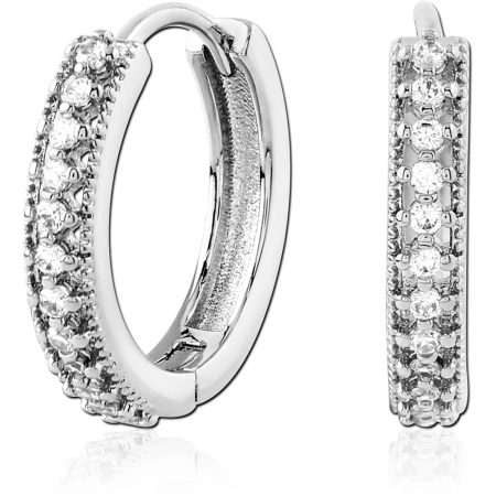 RHODIUM PLATED STERLING SILVER 925 HUGGIES DOUBLE ROW CLEAR GEMS