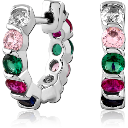 STERLING SILVER 925 HUGGIES EARRINGS BEZEL SET MULTICOLOR ROUND GEM ROW