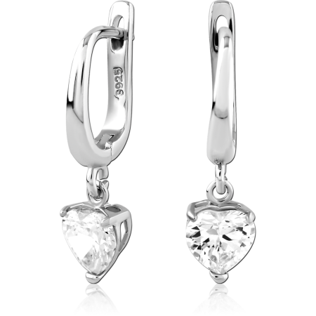 STERLING SILVER 925 HUGGIES EARRINGS POLISHED HOOP WITH HEART GEM CHARM