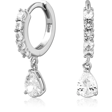 STERLING SILVER 925 HUGGIES EARRINGS FRONT GEM ROW WITH TEARDROP GEM CHARM
