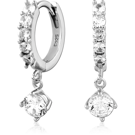 STERLING SILVER 925 HUGGIES EARRINGS FRONT GEM ROW WITH ROUND GEM CHARM