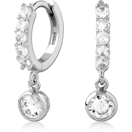 STERLING SILVER 925 HUGGIES EARRINGS FRONT GEM ROW WITH BEZEL ROUND GEM CHARM