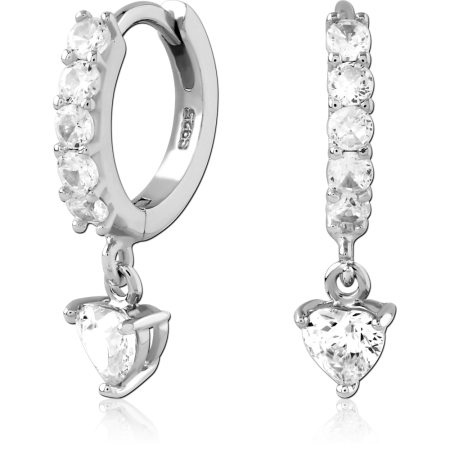 STERLING SILVER 925 HUGGIES EARRINGS FRONT GEM ROW WITH HEART GEM CHARM