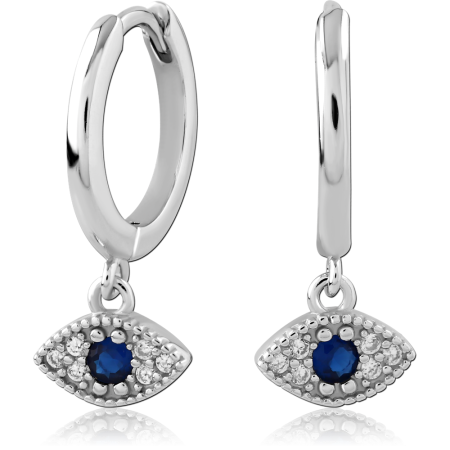 STERLING SILVER 925 HUGGIES EARRINGS WITH EVIL EYE CHARM BLUE AND CLEAR GEMS