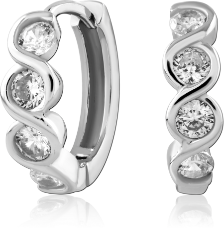 STERLING SILVER 925 HUGGIES EARRINGS SWIRL FRONT BEZEL TRIPLE CLEAR GEMS DESIGN