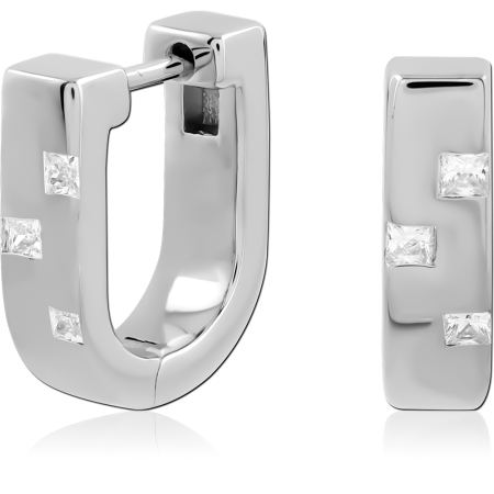 RHODIUM PLATED STERLING SILVER 925 HUGGIES RECTANGULAR HOOP SQUARE CLEAR GEMS