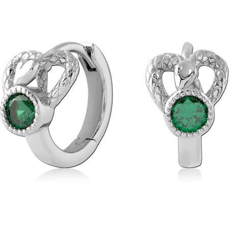 RHODIUM PLATED STERLING SILVER 925 HUGGIES GREEN GEM ORNATE HEART DETAIL