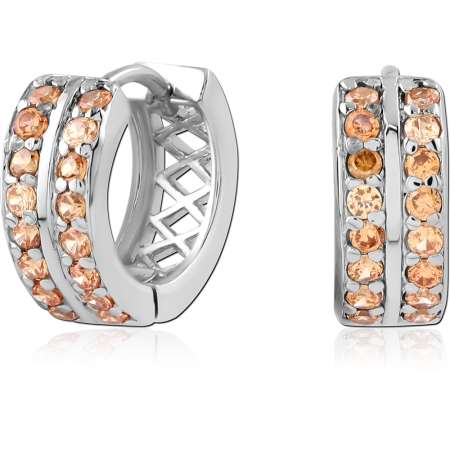 STERLING SILVER 925 HUGGIES EARRINGS DOUBLE ROW CHAMPAGNE GEMS FRONT BAND DESIGN