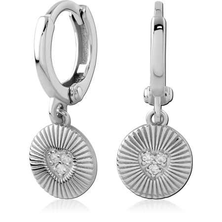 STERLING SILVER 925 HUGGIES EARRINGS WITH SUNBURST DISC CHARM HEART CLEAR GEM CLUSTER CENTER
