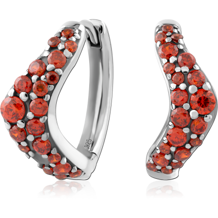 RHODIUM PLATED STERLING SILVER 925 HUGGIES WAVY FRONT RED CLUSTER GEMS