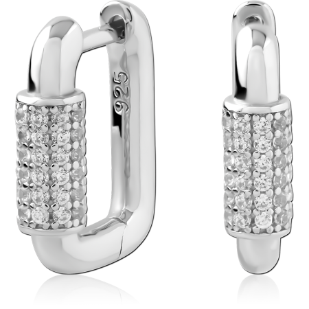 STERLING SILVER 925 HUGGIES EARRINGS ELONGATED LINK HOOP MICRO PAVE CLEAR GEM ACCENTS