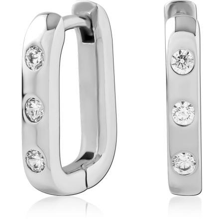 STERLING SILVER 925 HINGED HUGGIES RECTANGULAR BAR WITH THREE BEZEL SET GEMS
