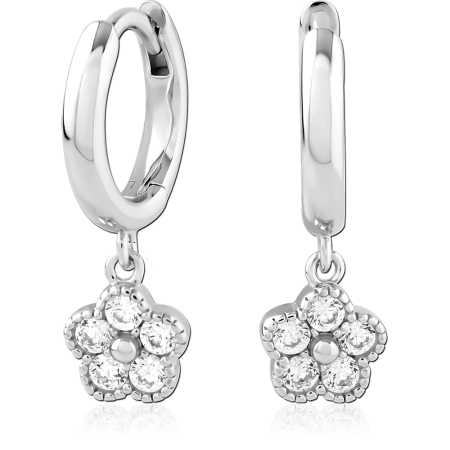 STERLING SILVER 925 HINGED HUGGIES WITH CLUSTER FLOWER CHARM AND CLEAR GEMS