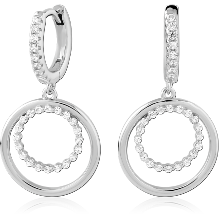 STERLING SILVER 925 HINGED HUGGIES WITH DOUBLE CIRCLE CHARM AND PAVE GEMS