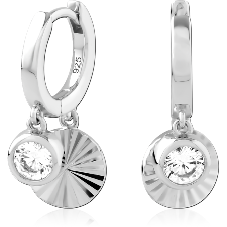 STERLING SILVER 925 HINGED HUGGIES WITH SUNBURST DISC AND BEZEL GEM CHARMS