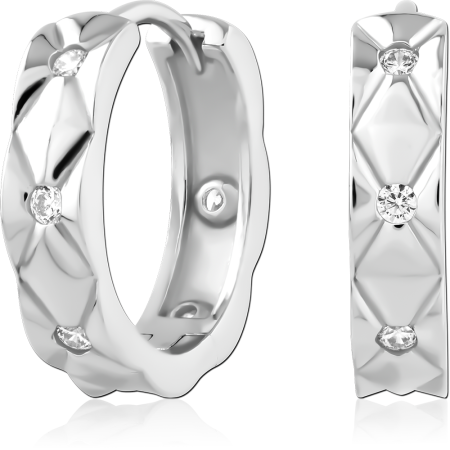 STERLING SILVER 925 HINGED HUGGIES QUILTED PATTERN WITH SCATTERED CLEAR GEMS