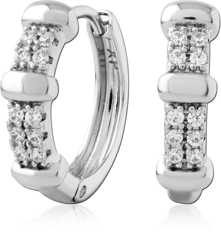 STERLING SILVER 925 HUGGIE EARRINGS SEGMENTED PAVE CLEAR GEMS TRIPLE BAND DESIGN