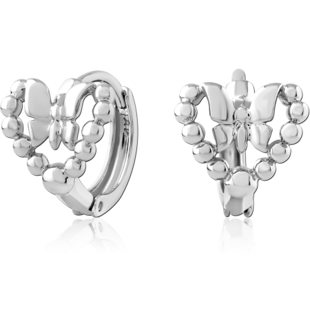 STERLING SILVER 925 HUGGIE EARRINGS HEART OUTLINE WITH BUTTERFLY AND BEADED DETAILS