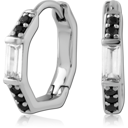 STERLING SILVER 925 HUGGIE EARRINGS BAGUETTE CLEAR GEM WITH BLACK ACCENT GEMS