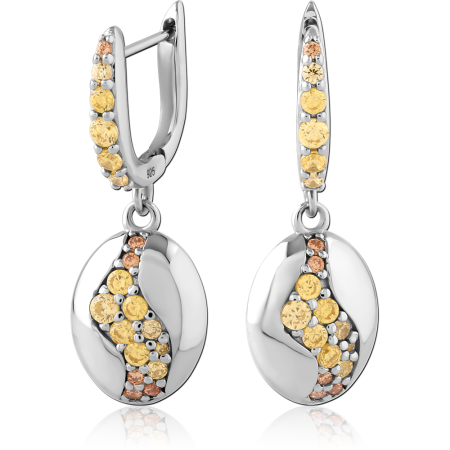 STERLING SILVER 925 HUGGIE EARRINGS WITH OVAL DANGLE YELLOW AND ROSE CRYSTALS