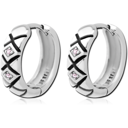 316L SURGICAL STEEL HUGGIE EARRINGS PAIR QUILTED DIAMOND MOTIF WITH CLEAR GEMS