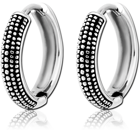 316L SURGICAL STEEL HUGGIE EARRINGS TEXTURED DOT PATTERN OXIDIZED DETAILING