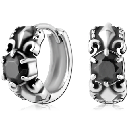 316L SURGICAL STEEL HUGGIE EARRINGS FLEUR-DE-LIS BLACK OVAL GEM DESIGN