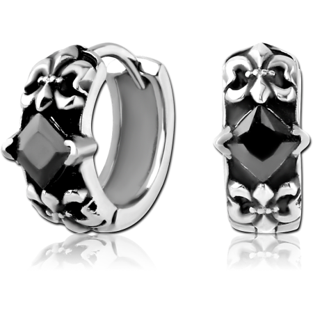 316L SURGICAL STEEL HUGGIE EARRINGS FLEUR-DE-LIS BLACK SQUARE GEM DESIGN