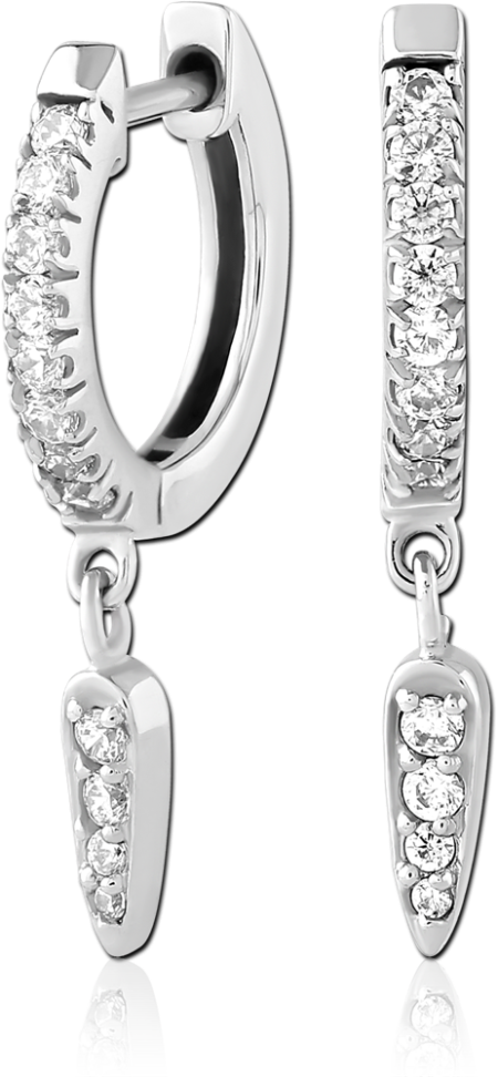 316L SURGICAL STEEL HUGGIE EARRINGS CLEAR GEM PAVE WITH POINTED DROP CHARM