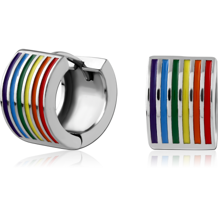316L SURGICAL STEEL HUGGIES HINGED HOOP VERTICAL RAINBOW STRIPE INLAY POLISHED