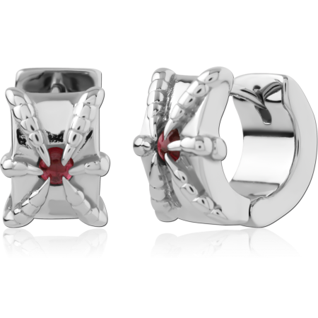 316L SURGICAL STEEL HUGGIES HINGED HOOP SEGMENTED X DESIGN WITH RED CENTER GEM