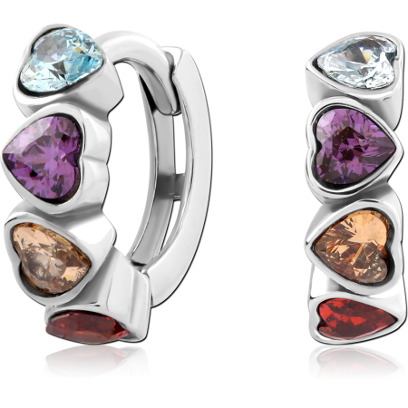 316L SURGICAL STEEL HUGGIE EARRINGS MULTICOLOR HEART GEMS