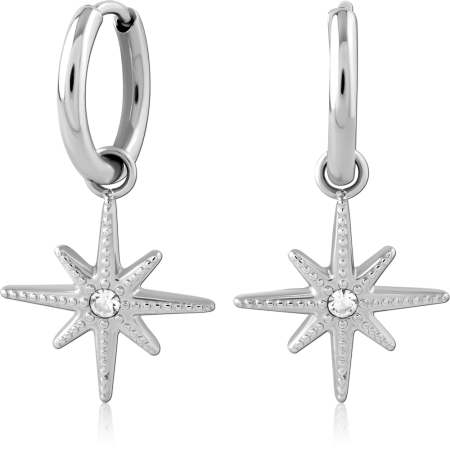 316L SURGICAL STEEL HUGGIES HINGED HOOP WITH EIGHT-POINT STAR CHARM AND GEM PAIR