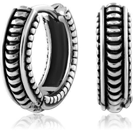 316L SURGICAL STEEL HUGGIES HINGED HOOP RIBBED BEADED EDGE OXIDIZED DETAIL PAIR