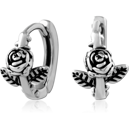 316L SURGICAL STEEL HUGGIES HINGED HOOP WITH ROSE AND LEAVES OXIDIZED PAIR